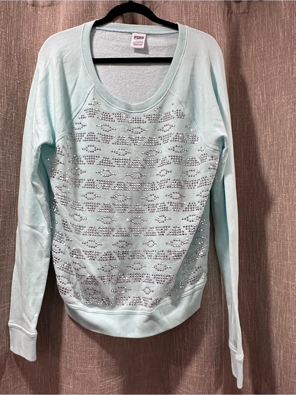 PINK Victoria's Secret Light Aqua Rhinestone Scoop Neck Sweatshirt